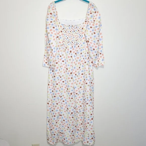 RIXO Hattie Midi Dress Size Large L 10 NWOT Linen Blend Polka Dot Puff Sleeve - Picture 10 of 14